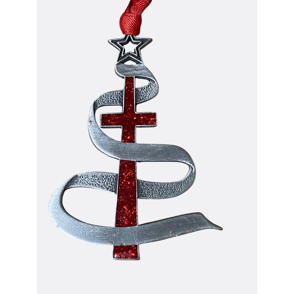Christmas Tree Cross Ornament With Red Glitter Ribbon & Star Topper
